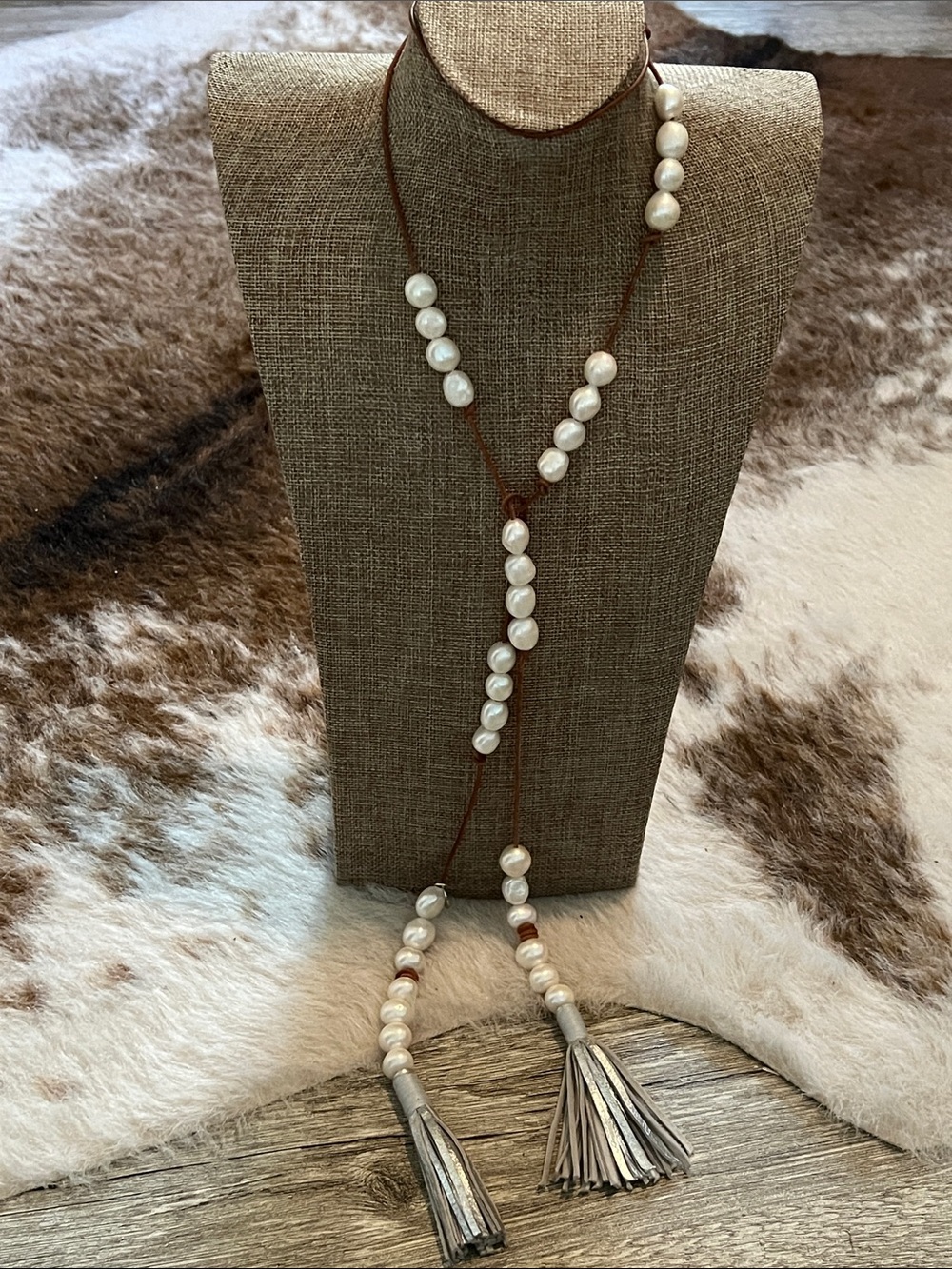 Perle by Lola Freshwater Pearl Lariat Necklace with Silver Leather Tassels